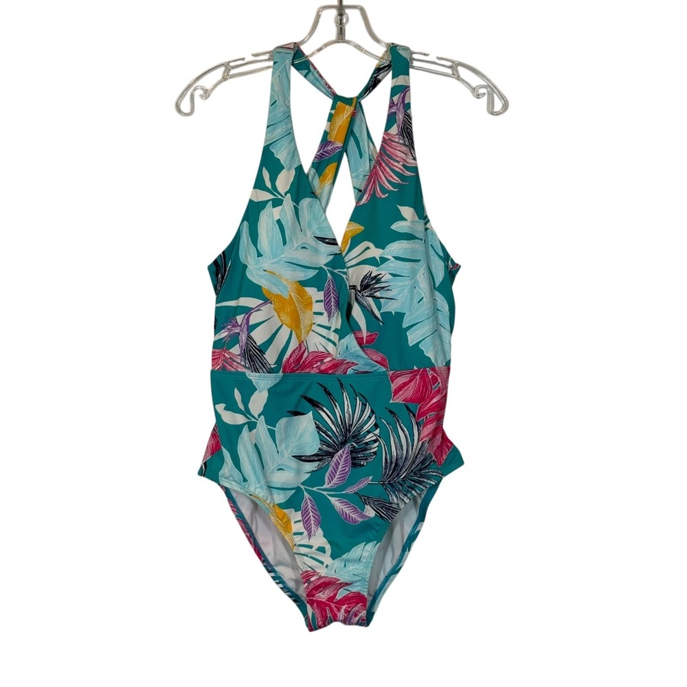 Jantzen Women's One Piece Swimsuit 10 L Teal Tropical Floral Wrap Halter New